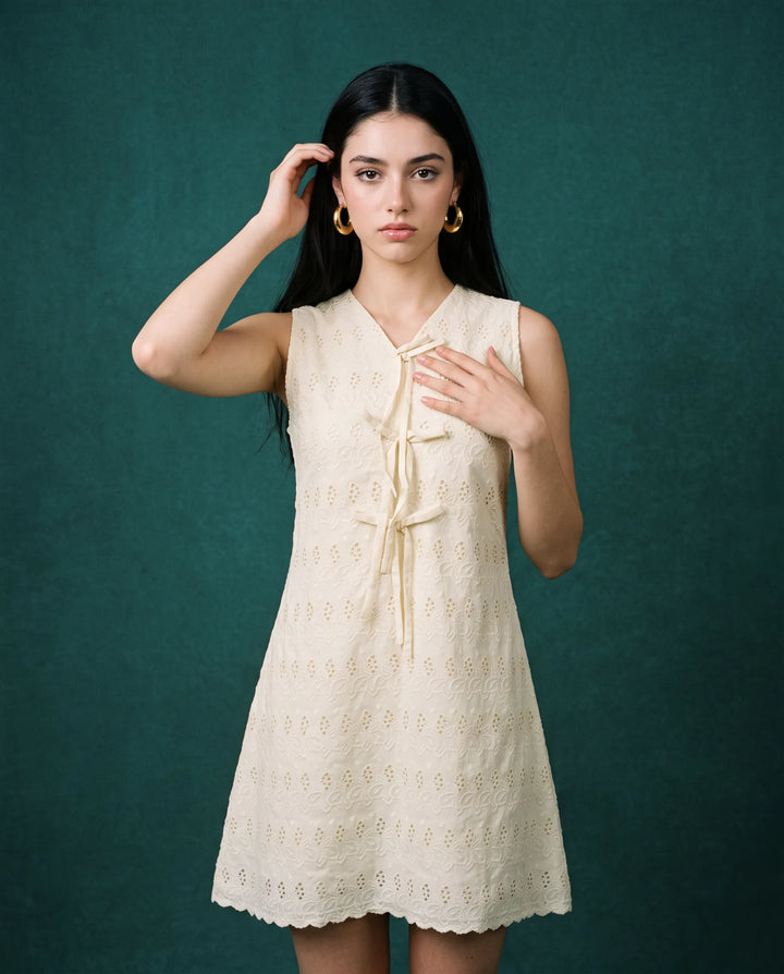 Cream Embroidered Korean Style Cotton Midi Dress