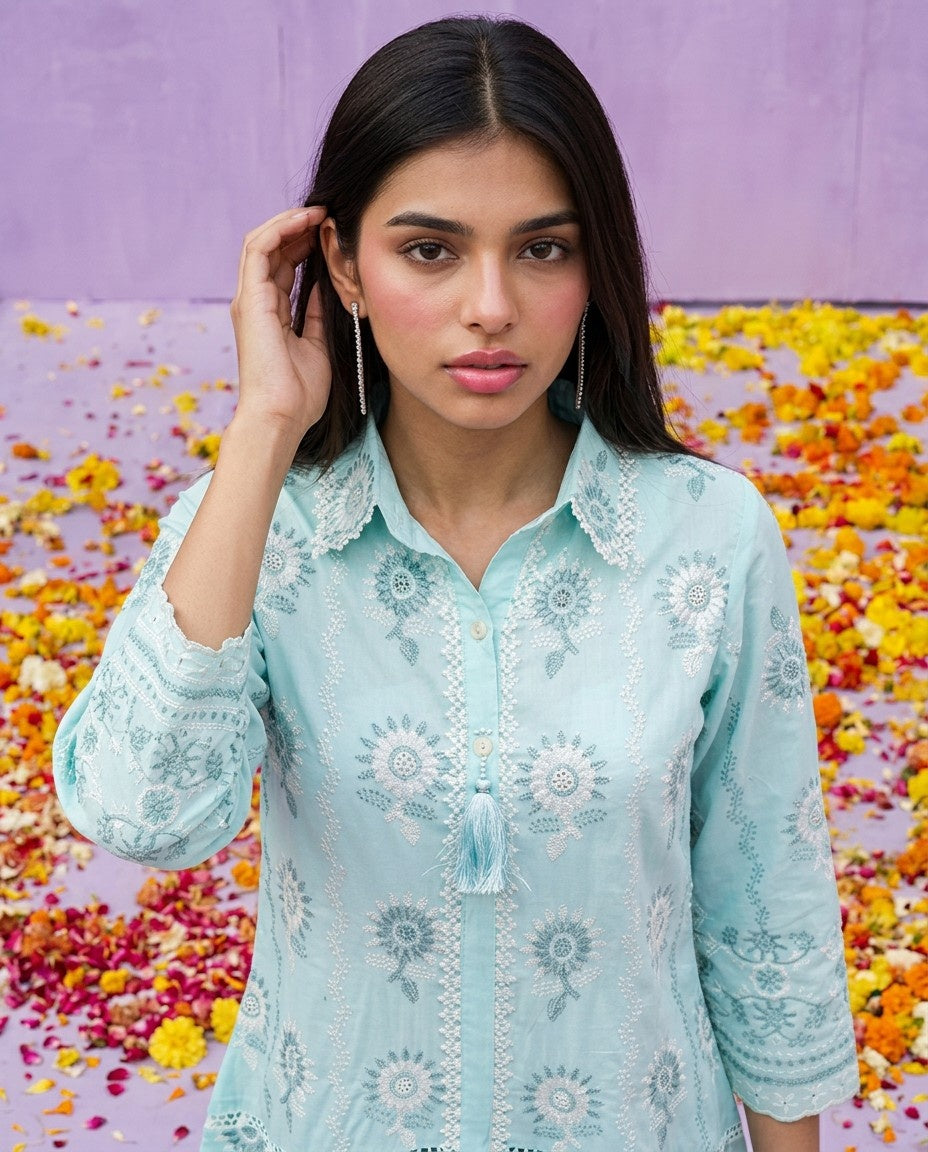 Sea Green Embroidered Cotton Satin Co-Ord Set