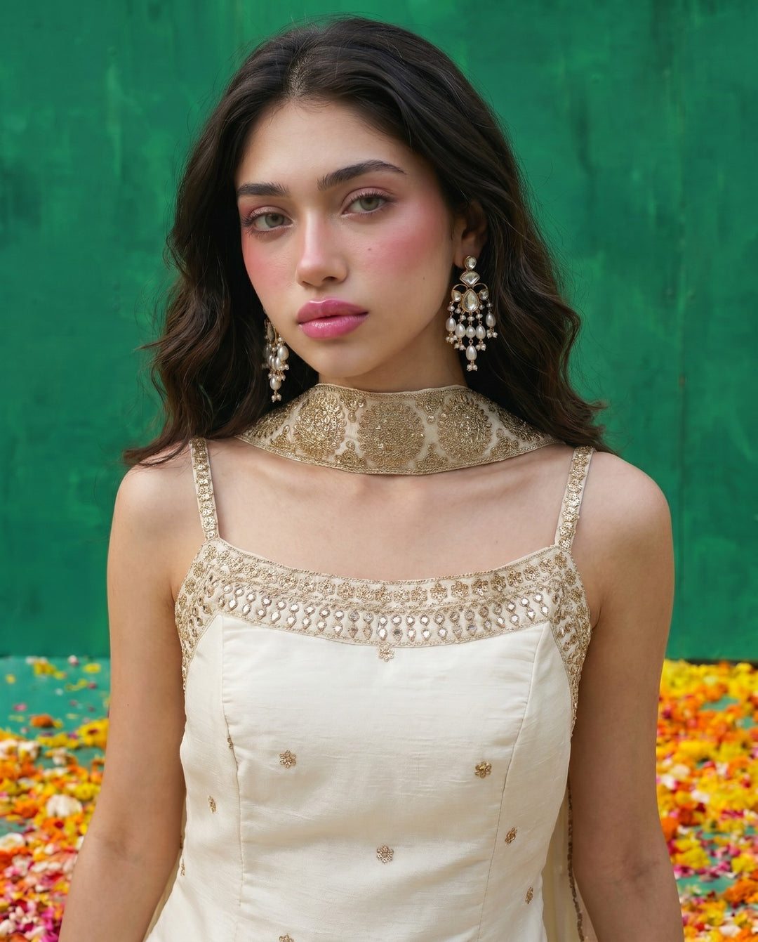 White Embriodered Silk Blended Spaghetti Strap Kurta Bottom Dupatta Set