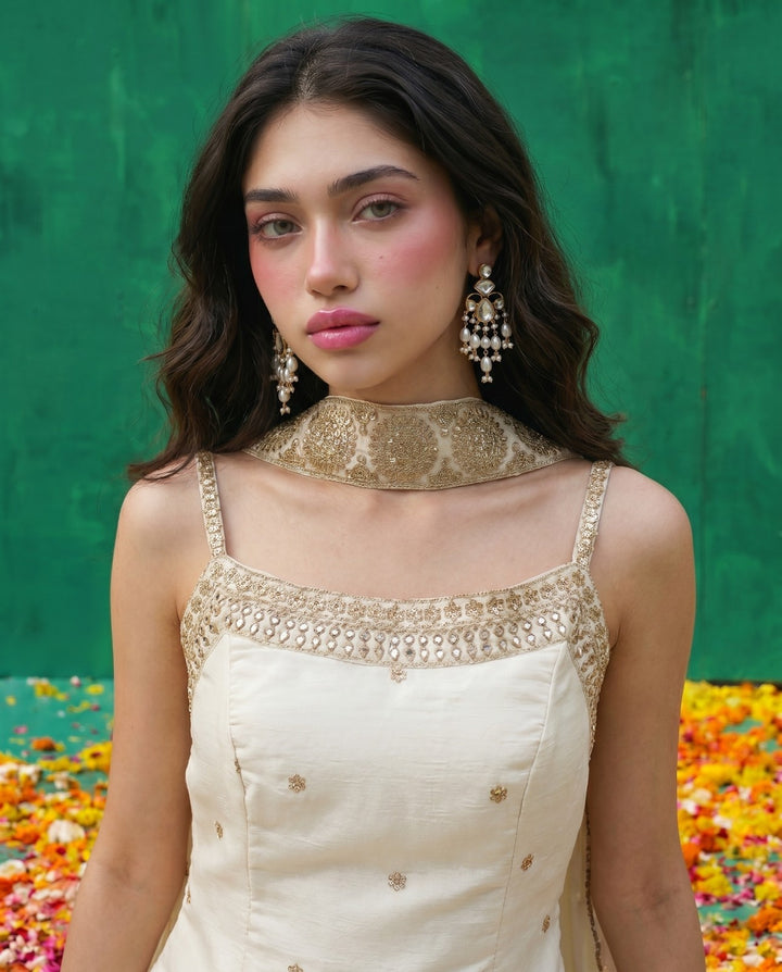 White Embriodered Silk Blended Spaghetti Strap Kurta Bottom Dupatta Set