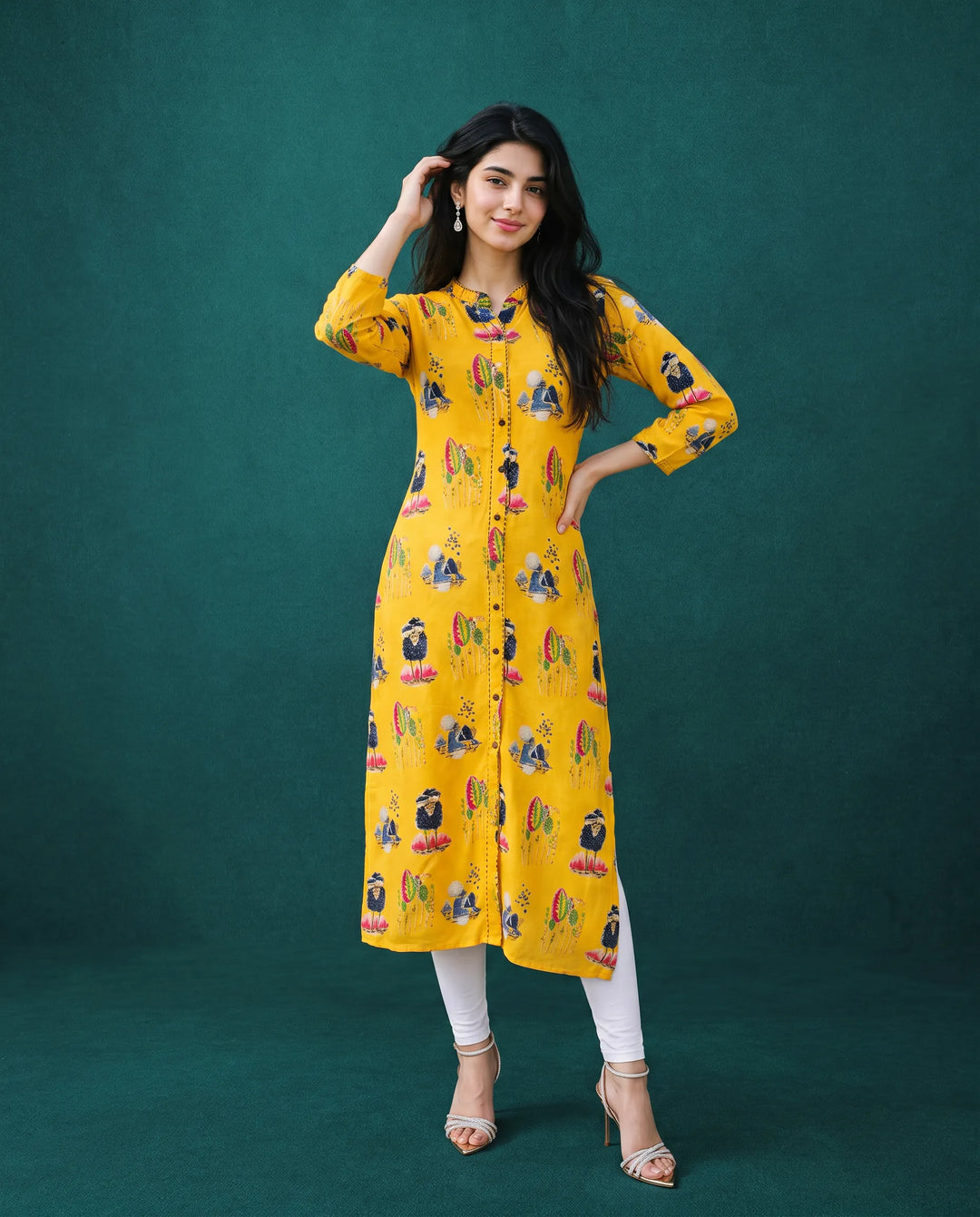 Yellow Printed Rayon Straight cut Long Kurta
