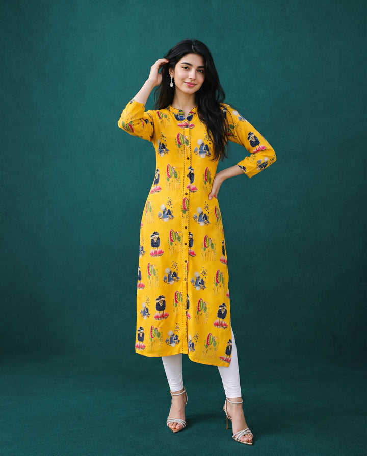 Yellow Printed Rayon Straight cut Long Kurta