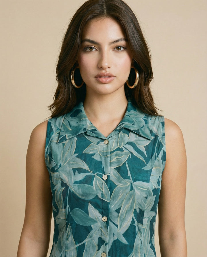 Teal Printed Viscose Blended Midi Dress