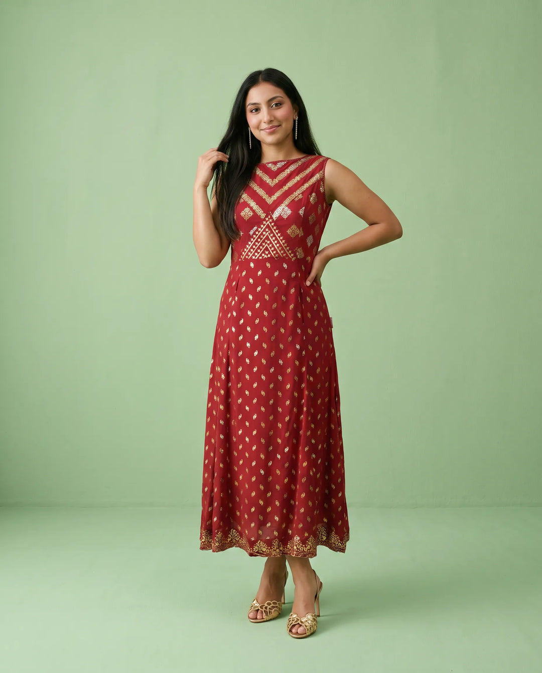 Maroon Printed Rayon Sleeveless Maxi Dress