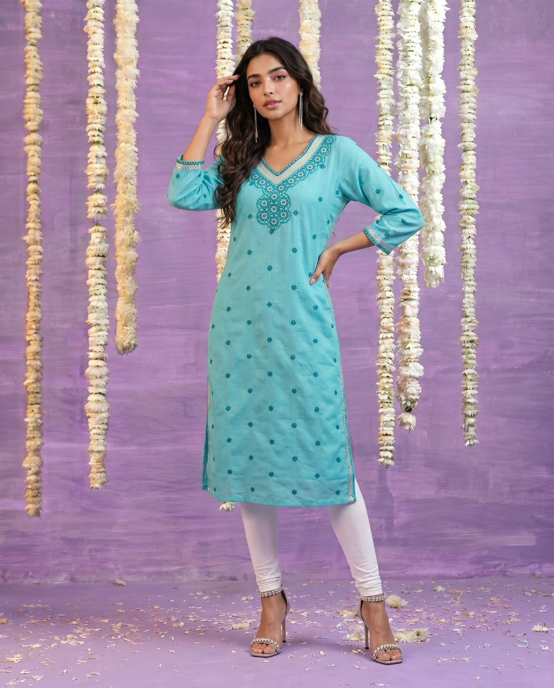 Sky Blue Embroidered Viscose Blended Straight cut Long Kurta