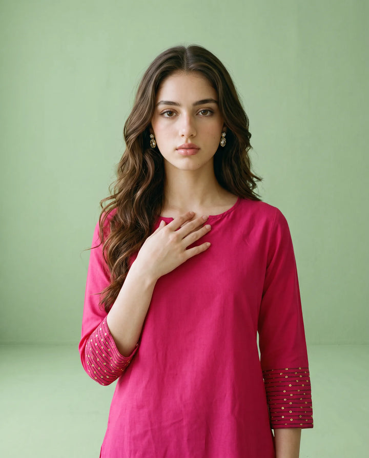 Magenta Embroidered Cotton Short Kurti