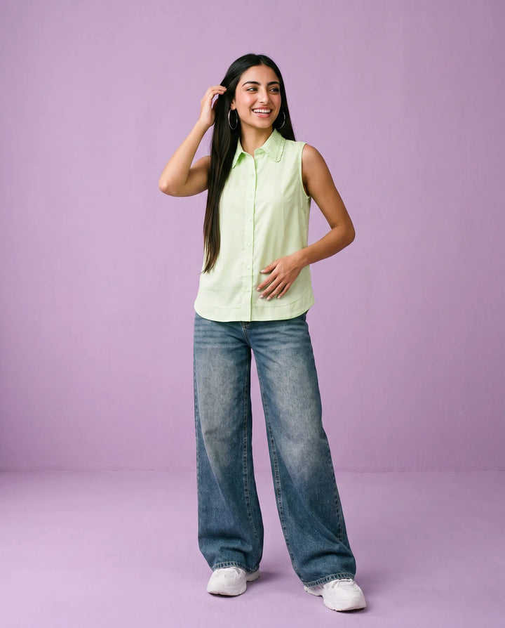 Sea Green Solid Cotton Satin Sleeveless Top