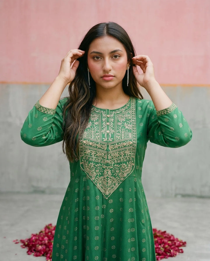 Green Embriodered Rayon Maxi Dress