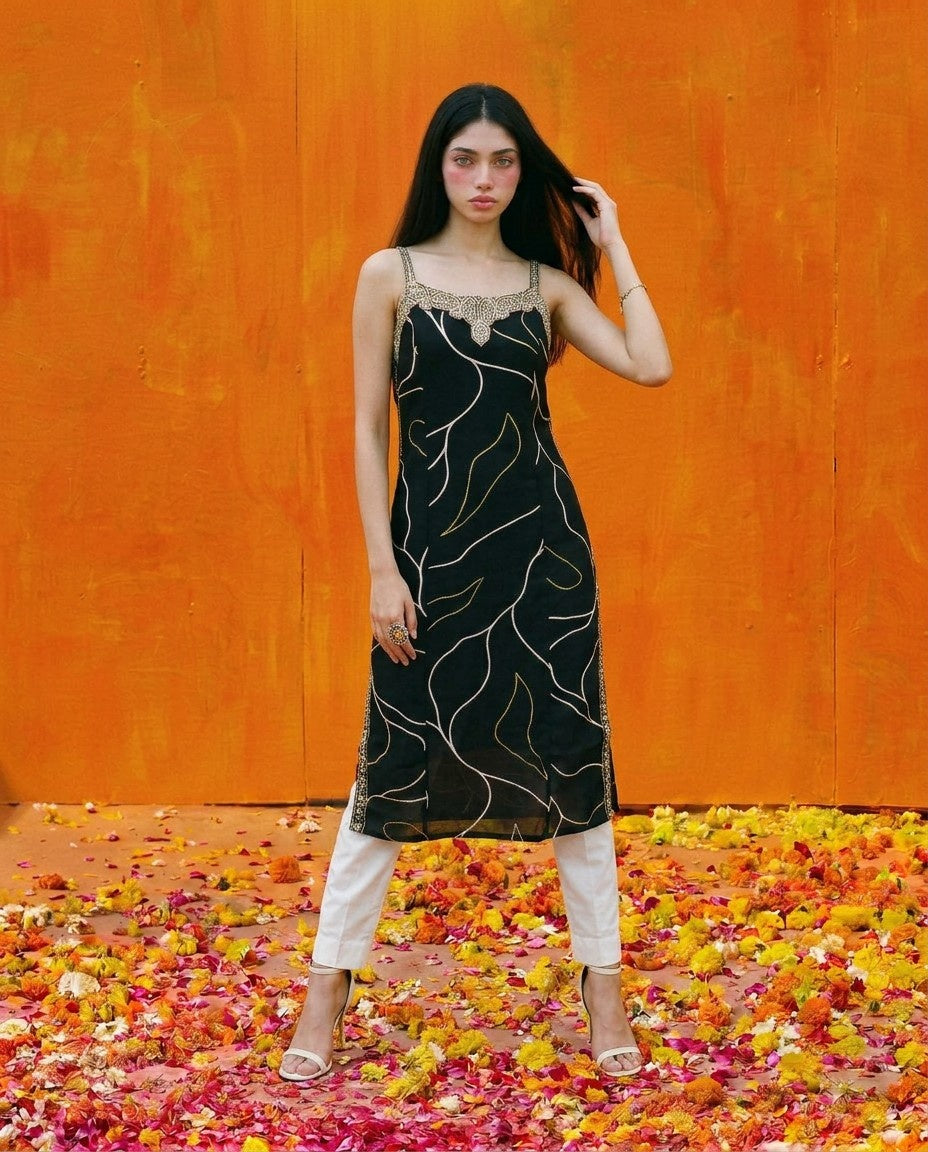Black Embroidered Viscose Blended Spaghetti Strap Straight Cut Long Kurta