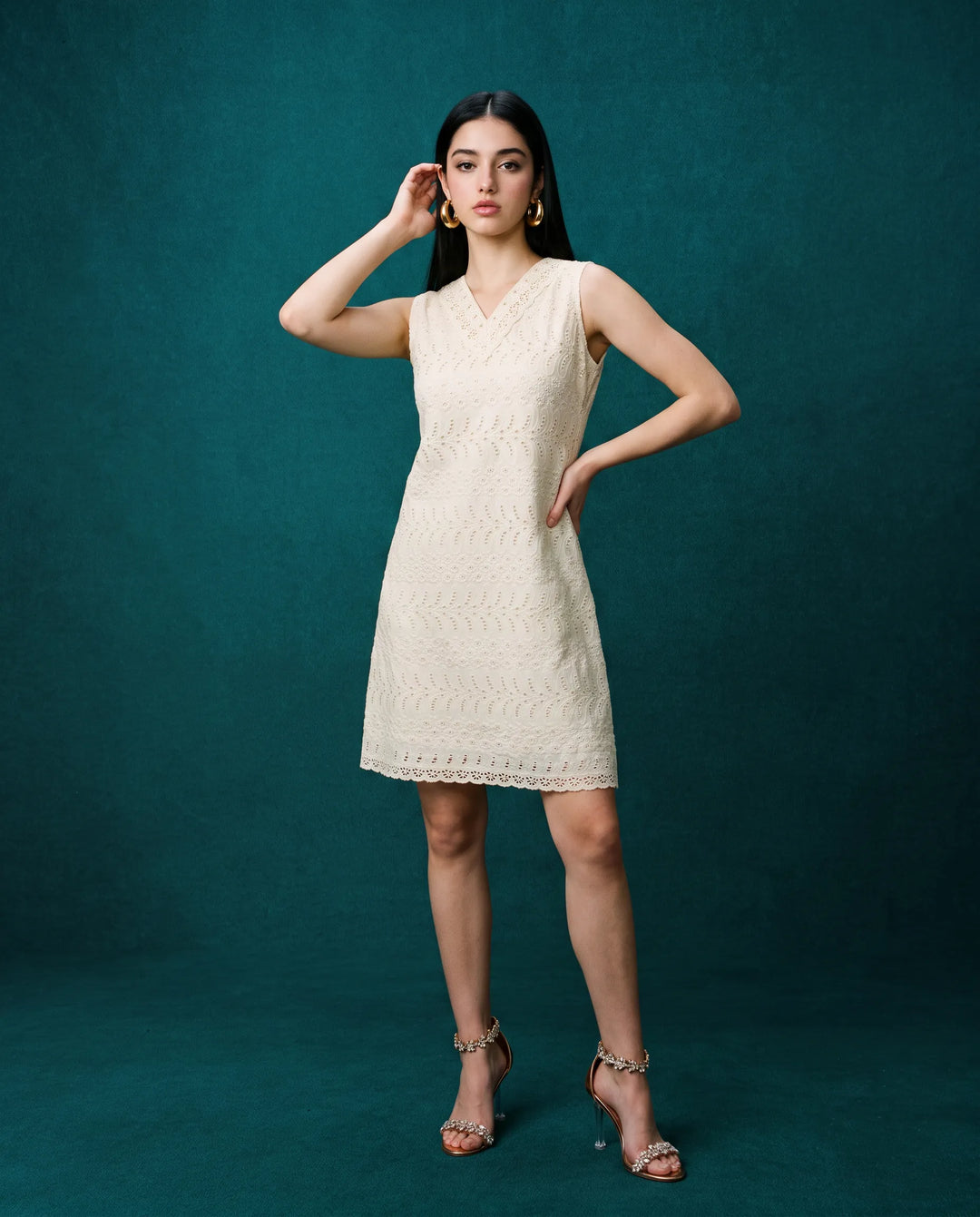Cream Embroidered Cotton Midi Dress