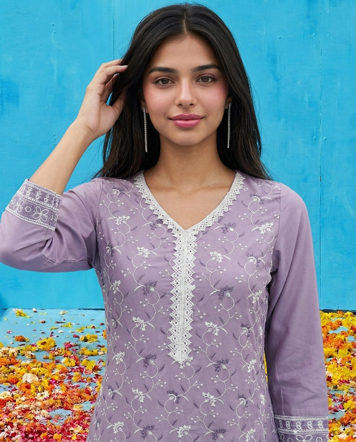 Purple Embriodered Cotton Satin Co-Ord Set