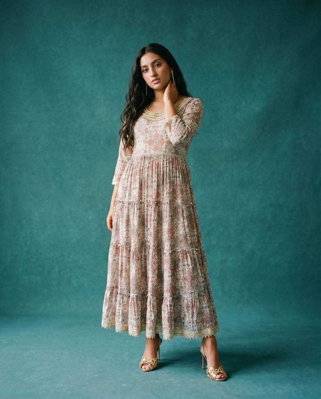 Multi Colour Printed Silk Blended Maxi Dress