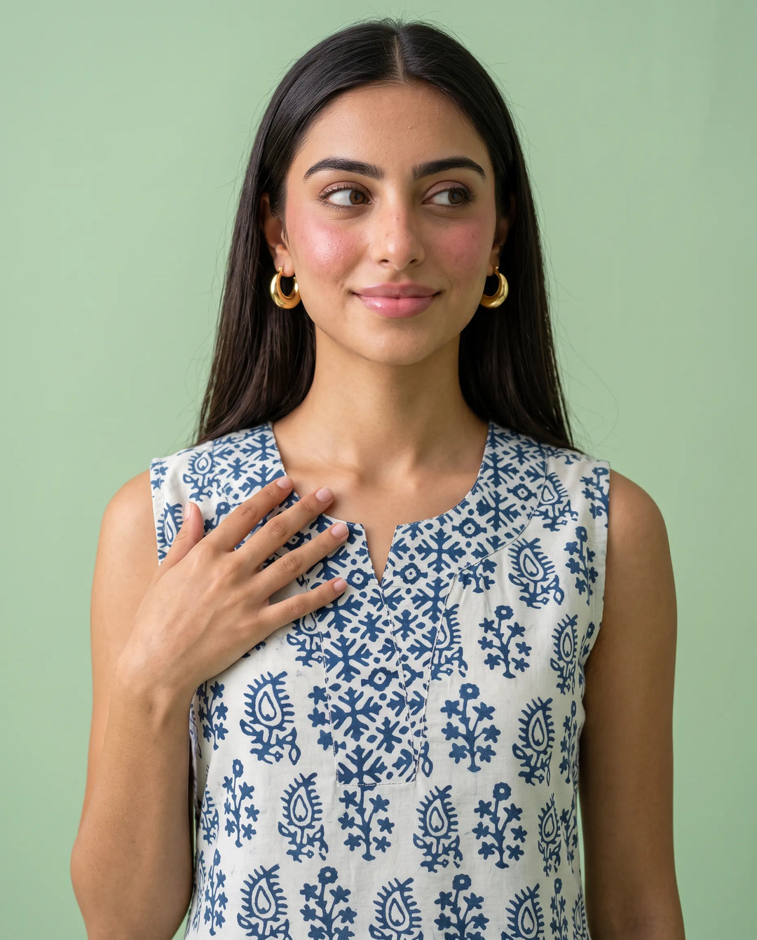 Blue Printed Pure Cotton Hand-Block Printed Midi Dress