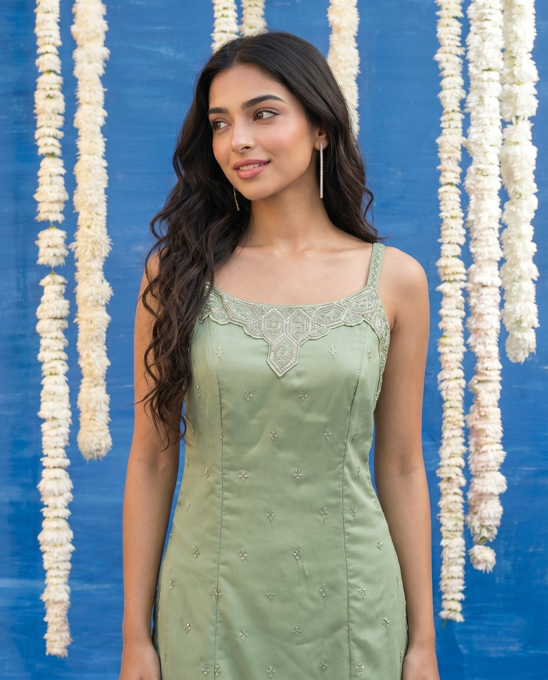 Green Embroidered Viscose Blended Spaghetti Strap Straight Cut Long Kurta