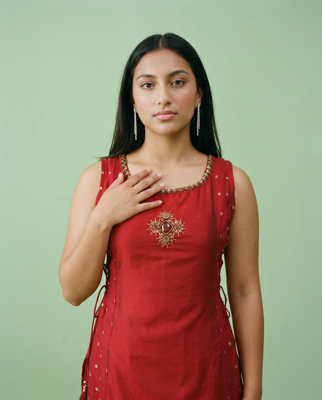 Maroon Printed Viscose Blended Sleeveless Maxi Dress