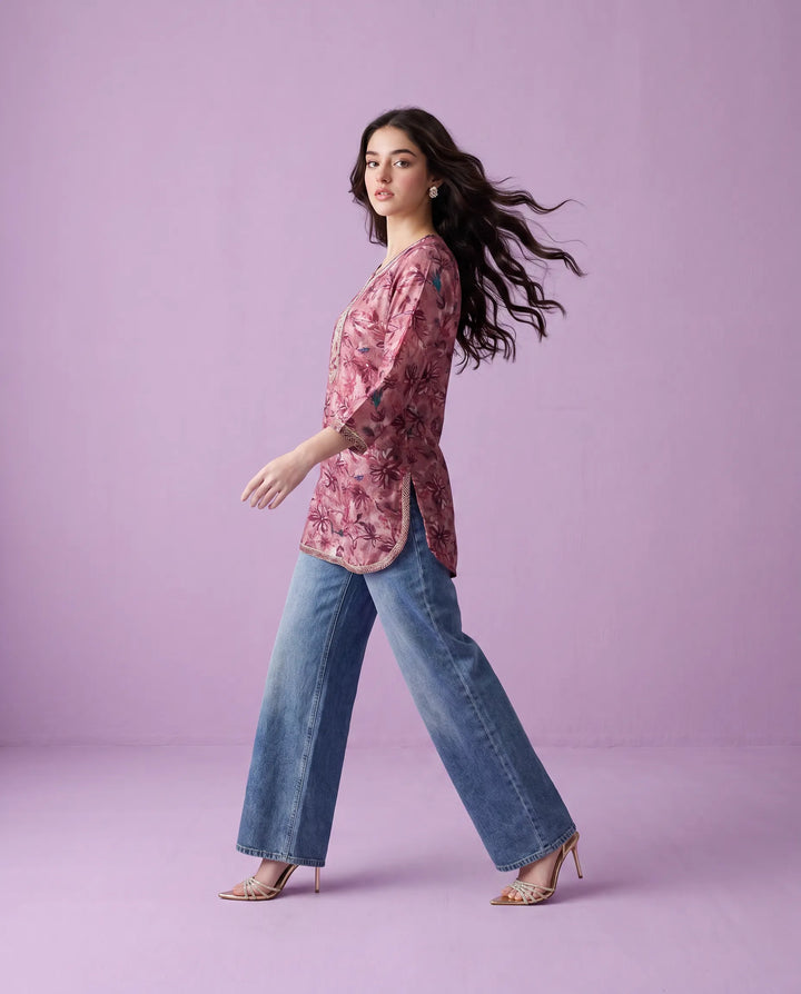 Violet Printed Viscose Blended Short Kurti