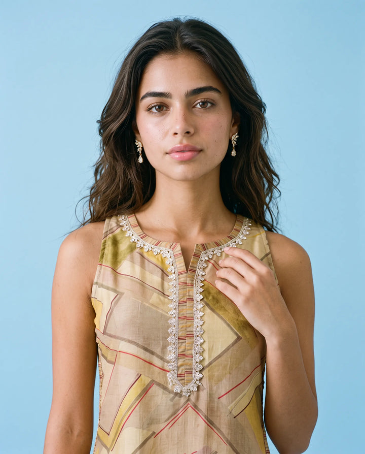 Beige Viscose Blended Sleeveless Straight cut Long Kurta