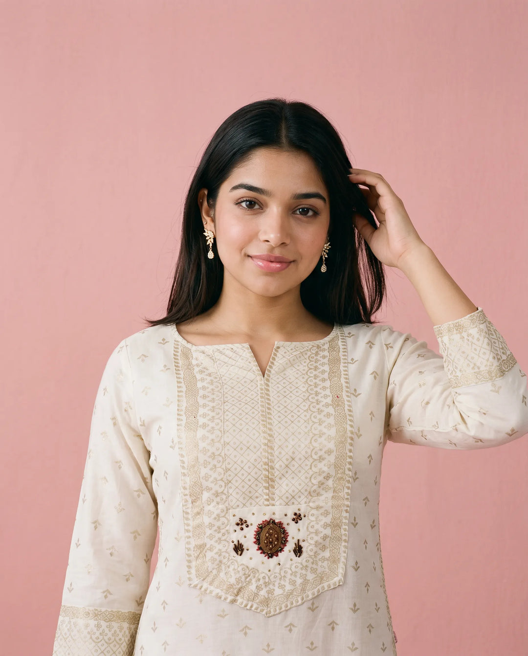 White Printed Cotton Straight cut Long Kurta