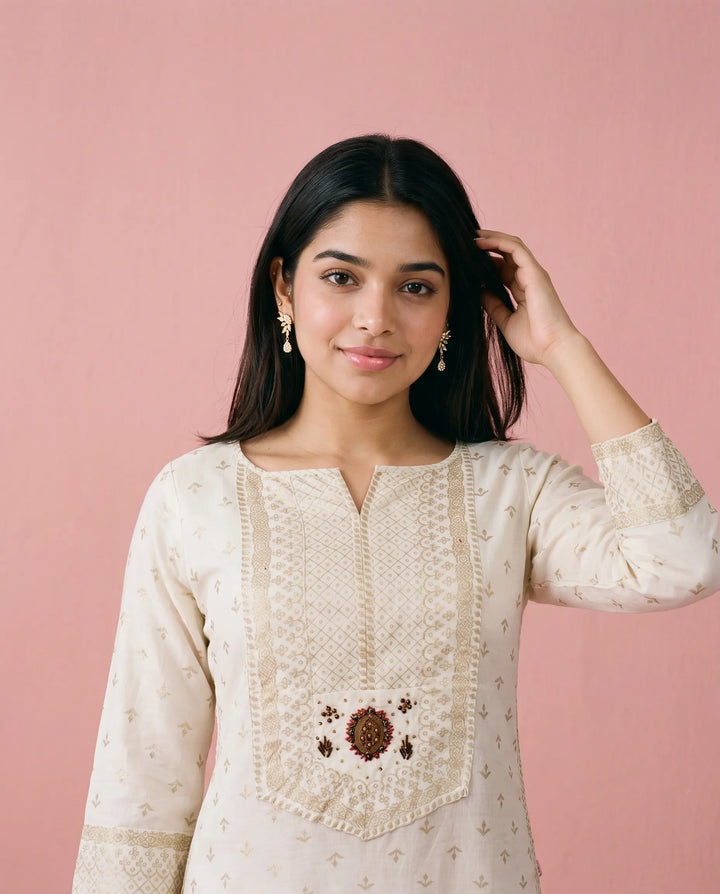 White Printed Cotton Straight cut Long Kurta
