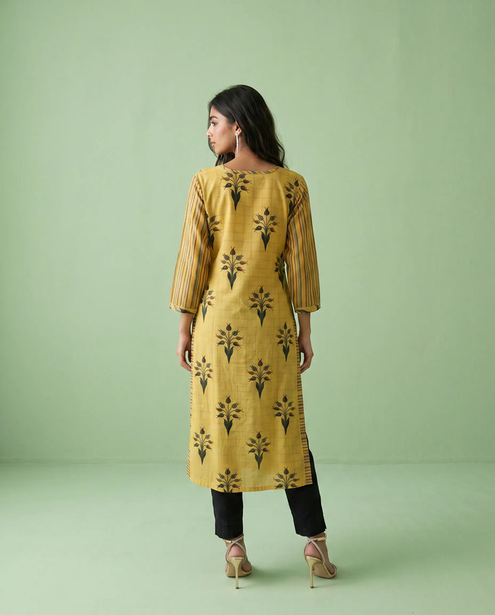 Yellow Printed Cotton Straight cut Long Kurta