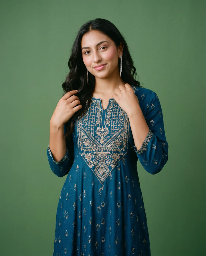 Blue Embriodered Rayon Maxi Dress