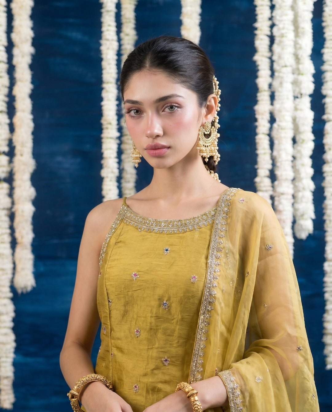Yellow Embriodered Silk Blended Spaghetti Strap Kurta Bottom Dupatta Set