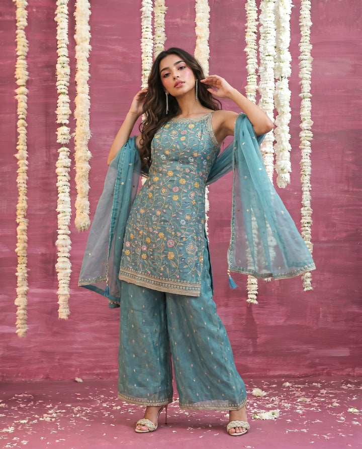 Turquoise Embriodered Silk Blended Spaghetti Strap Kurta Bottom Dupatta Set