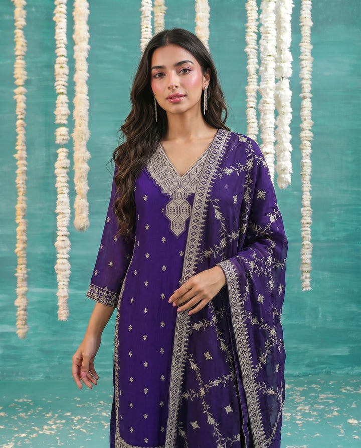 Purple Embriodered Silk Blended Kurta Bottom Dupatta Set