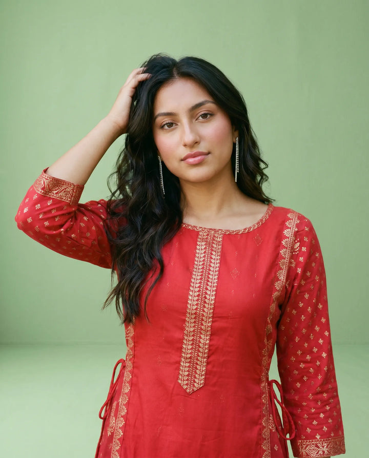 Red Printed Viscose Blended Maxi Dress