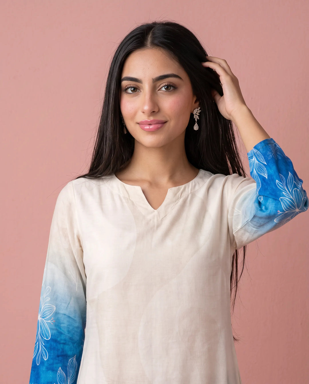 Cream and Royal Blue Printed Crepe Silk Straight cut Long Kurta