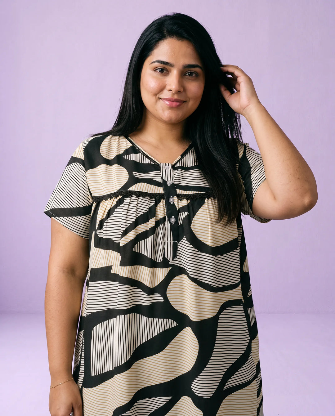 Black Printed Super Soft Rayon Night Dress / Home Wear