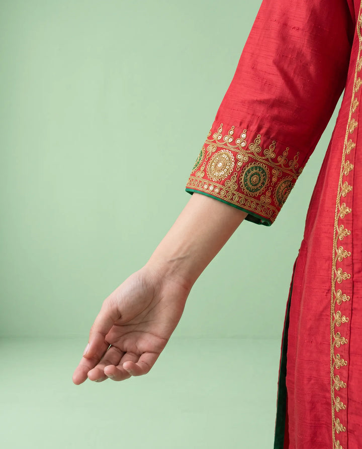 Red Embroidered Viscose Blended Straight cut Long Kurta