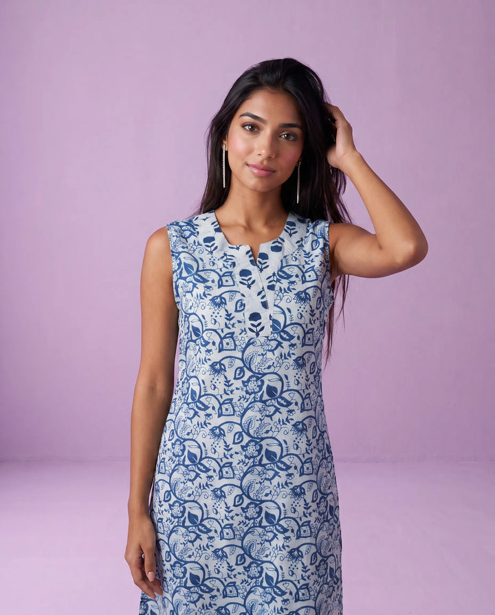 Blue Printed Pure Cotton Hand-Block Printed Midi Dress
