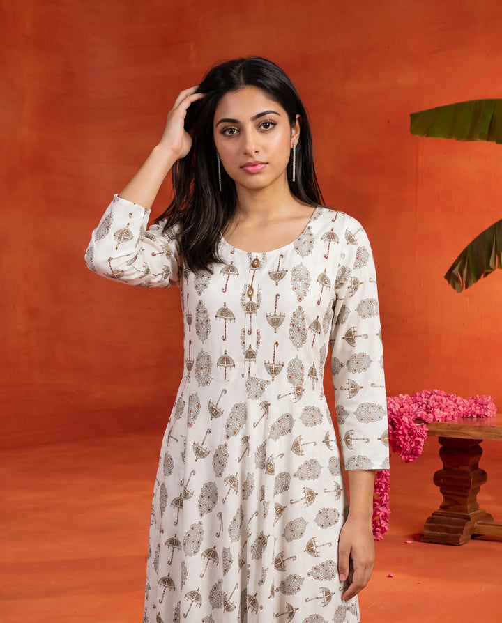 White Printed Rayon Maxi Dress