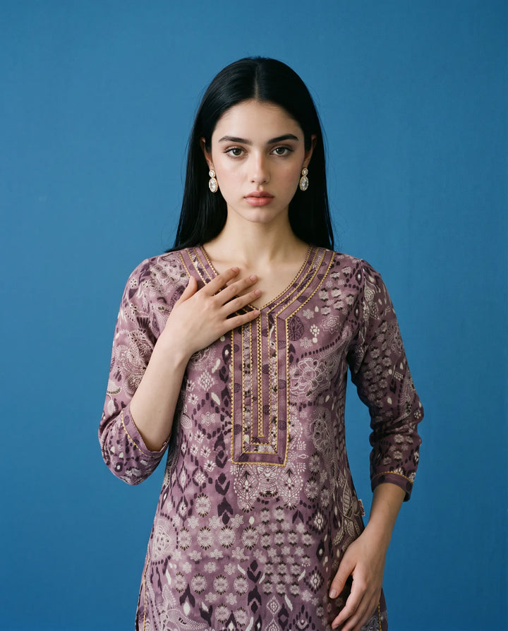 Purple Printed Cotton Short Kurti