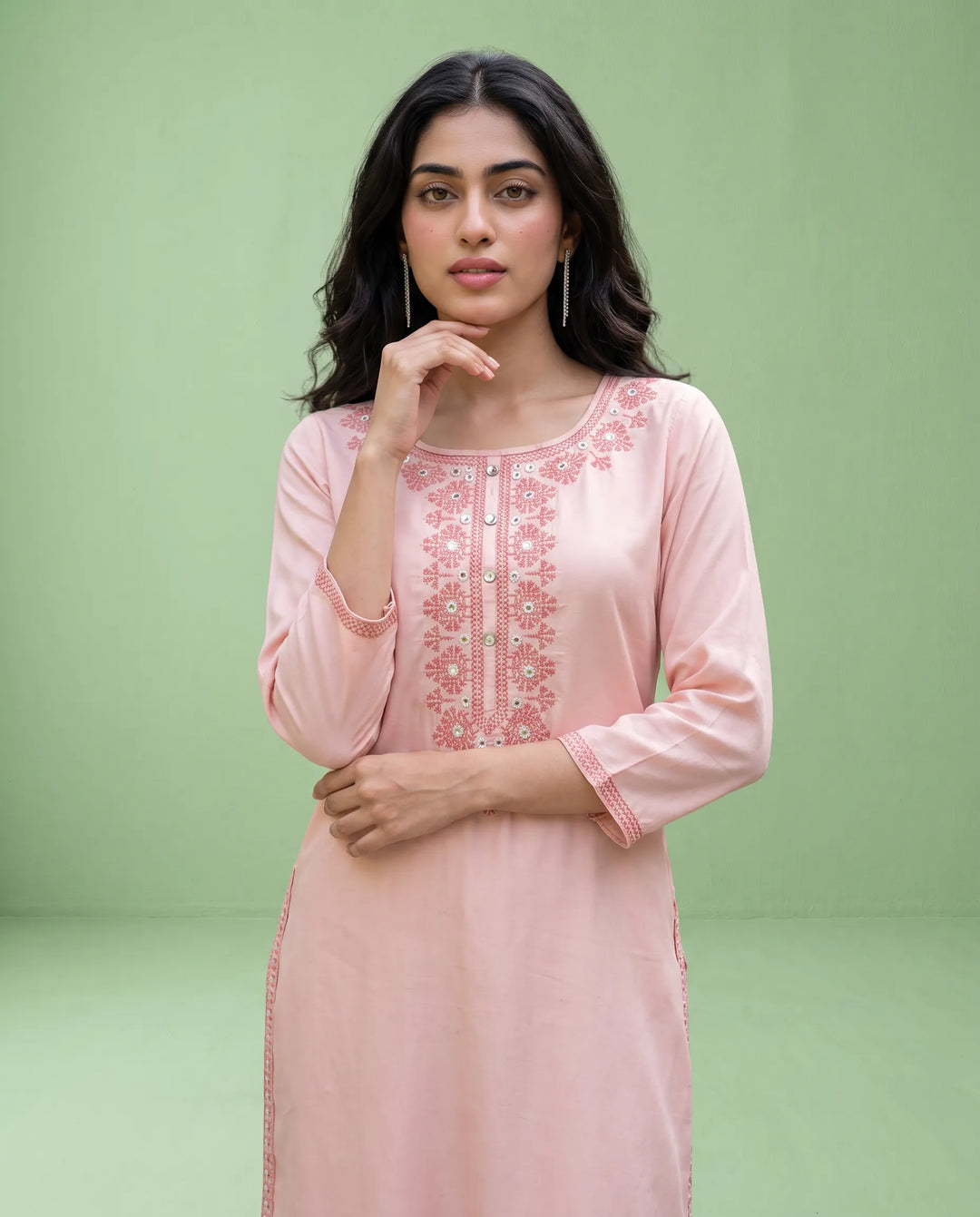 Peach Embroidered Rayon Straight cut Long Kurta