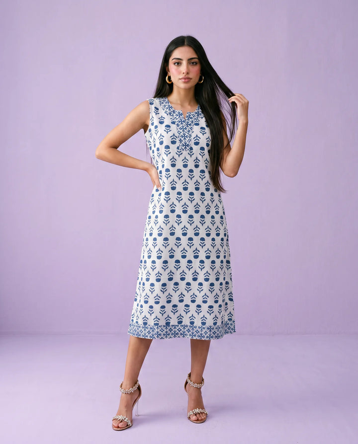 Blue Printed Pure Cotton Hand-Block Printed Midi Dress