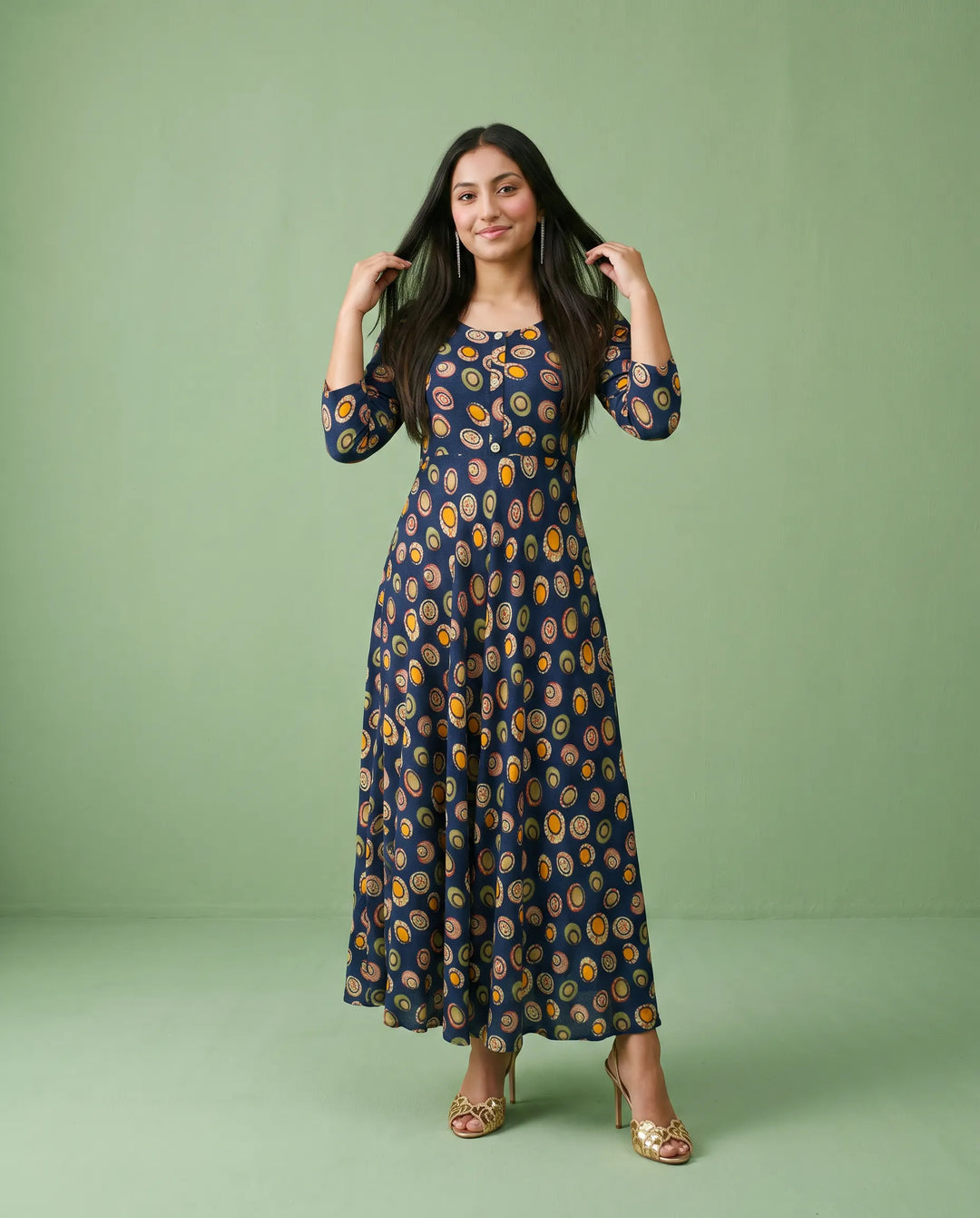 Navy Printed Rayon Maxi Dress