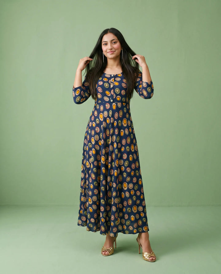 Navy Printed Rayon Maxi Dress