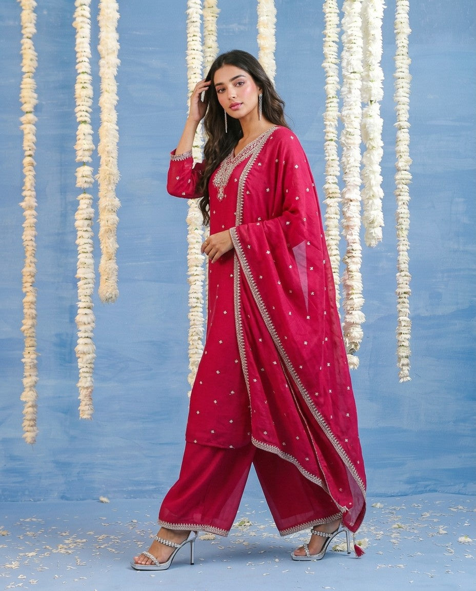 Magenta Embriodered Silk Blended Kurta Bottom Dupatta Set