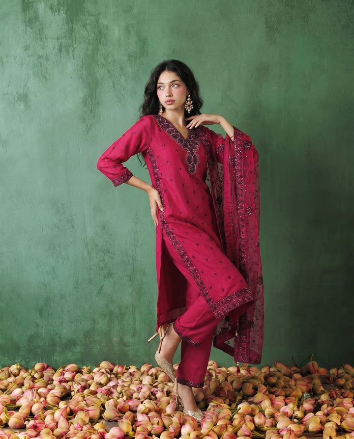 Magenta Embriodered Silk Blended Kurta Bottom Dupatta Set