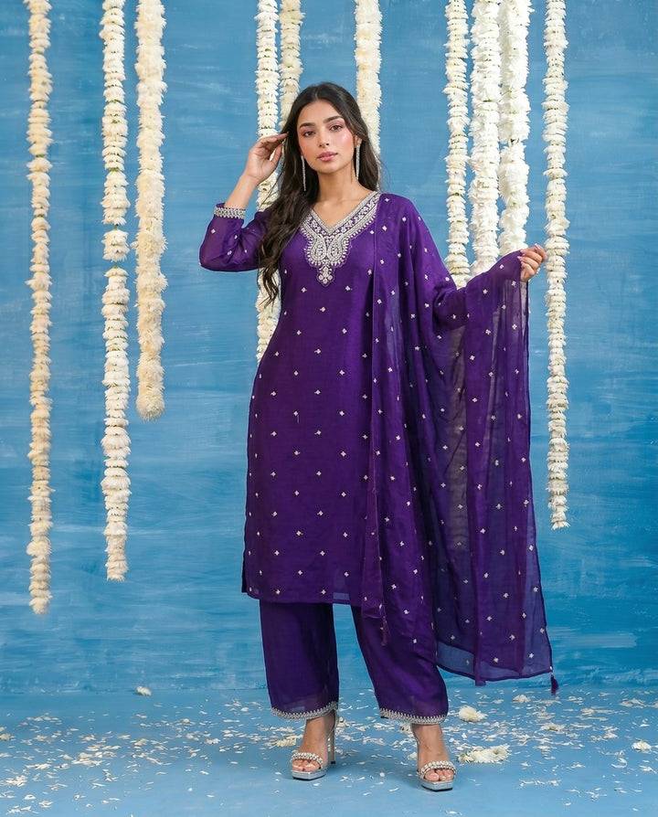 Purple Embriodered Silk Blended Kurta Bottom Dupatta Set