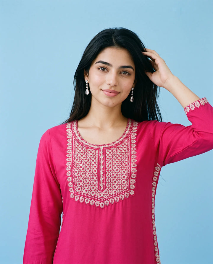 Pink Embroidered Rayon Straight cut Long Kurta