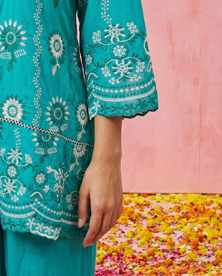 Turquoise Embroidered Cotton Satin Co-Ord Set