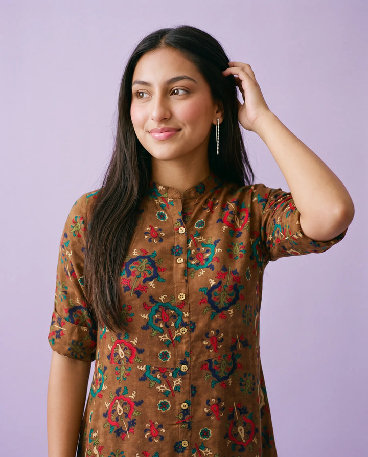 Brown Printed Rayon Maxi Dress