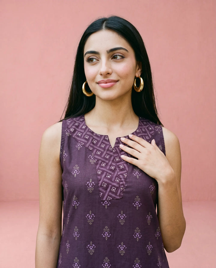 Purple Printed Cotton Midi Dress