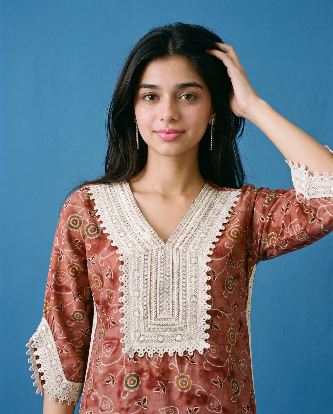 Brown Printed Viscose Blended Straight cut Long Kurta