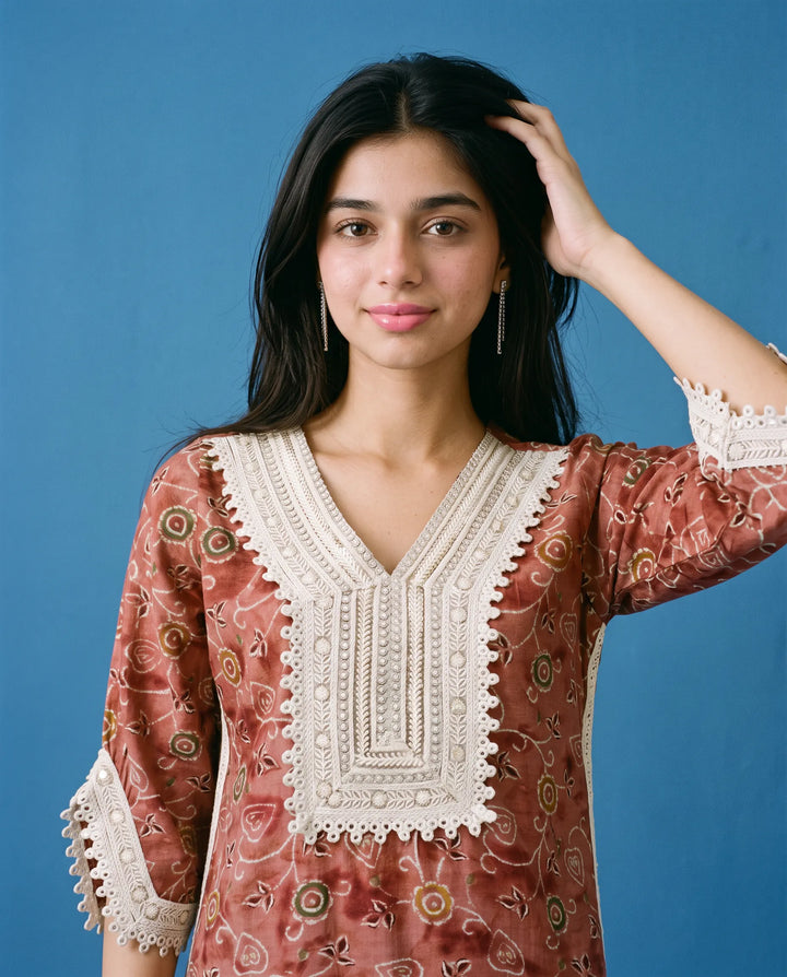 Brown Printed Viscose Blended Straight cut Long Kurta