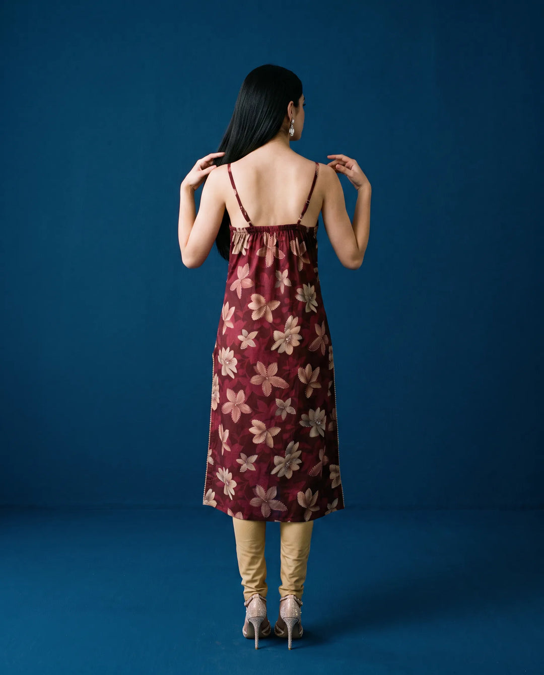 Maroon Printed Viscose Blended Spaghetti Strap Straight Cut Long Kurta