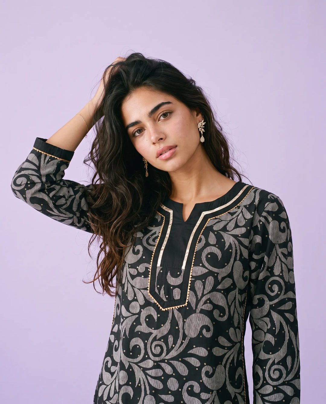 Black Printed Viscose Blended Straight cut Long Kurta